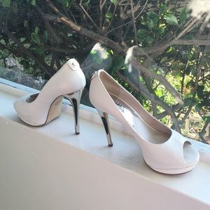 Classic White Peep Toe Platforms Chrome Heel